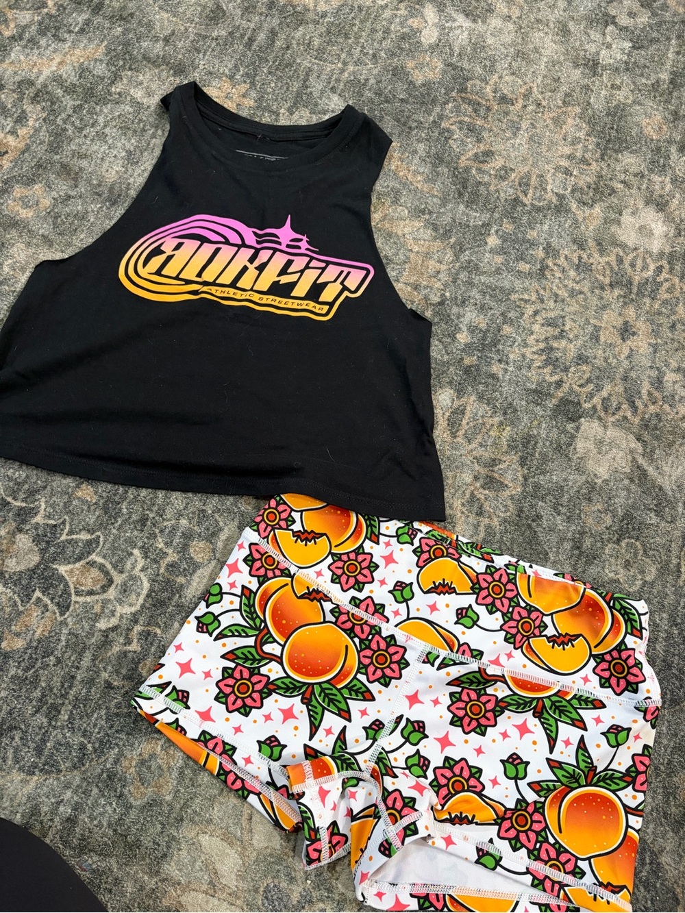 Black Logo Crop Tank and White Orange Print Bike Shorts Set